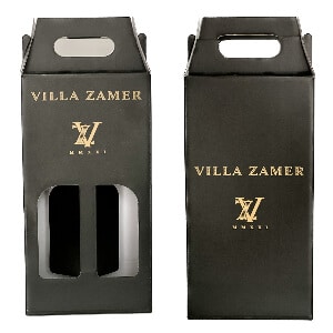 cutii cu autoformare negre pentru 2 sticle de vin, vedere fata verso, plastifiate mat cu logo auriu