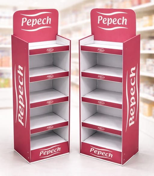 Peste 80K Standuri din Carton realizate in ultimii 10 ani 4 standuri de podea cu dimensiunile de 60x40x160 cm, 5 rafturi si header
