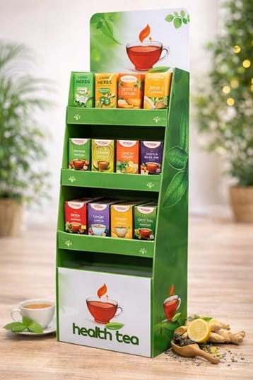 Stand carton cu autoformare, 3 rafturi si carlige metalice 3 display carton pentru ceaiuri