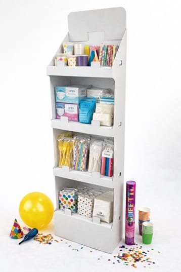 Stand carton cu autoformare, 3 rafturi si carlige metalice 1 stand carton alb cu autoformare