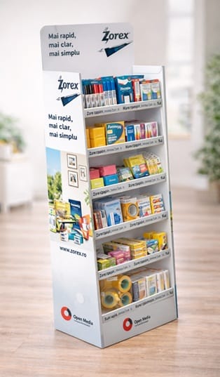 Stand carton cu autoformare, 3 rafturi si carlige metalice 4 stand carton personalizat exterior