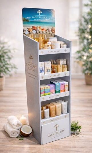 Stand carton cu autoformare, 3 rafturi si carlige metalice 5 stand display POSM